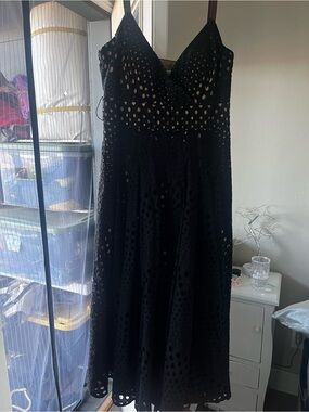 Muse Black Eyelet Midi Dress with V-Neck